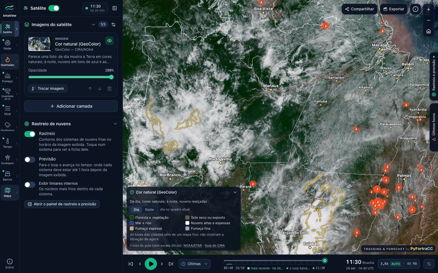 Tela do AmaView com imagem de satélite da Amazônia, focos de queimada e contornos de sistemas de nuvens
